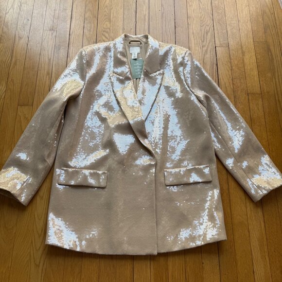 H&M Size L NEW Beige Sequined Glam Rock Party Peak Lapel Blazer Jacket - Picture 16 of 16